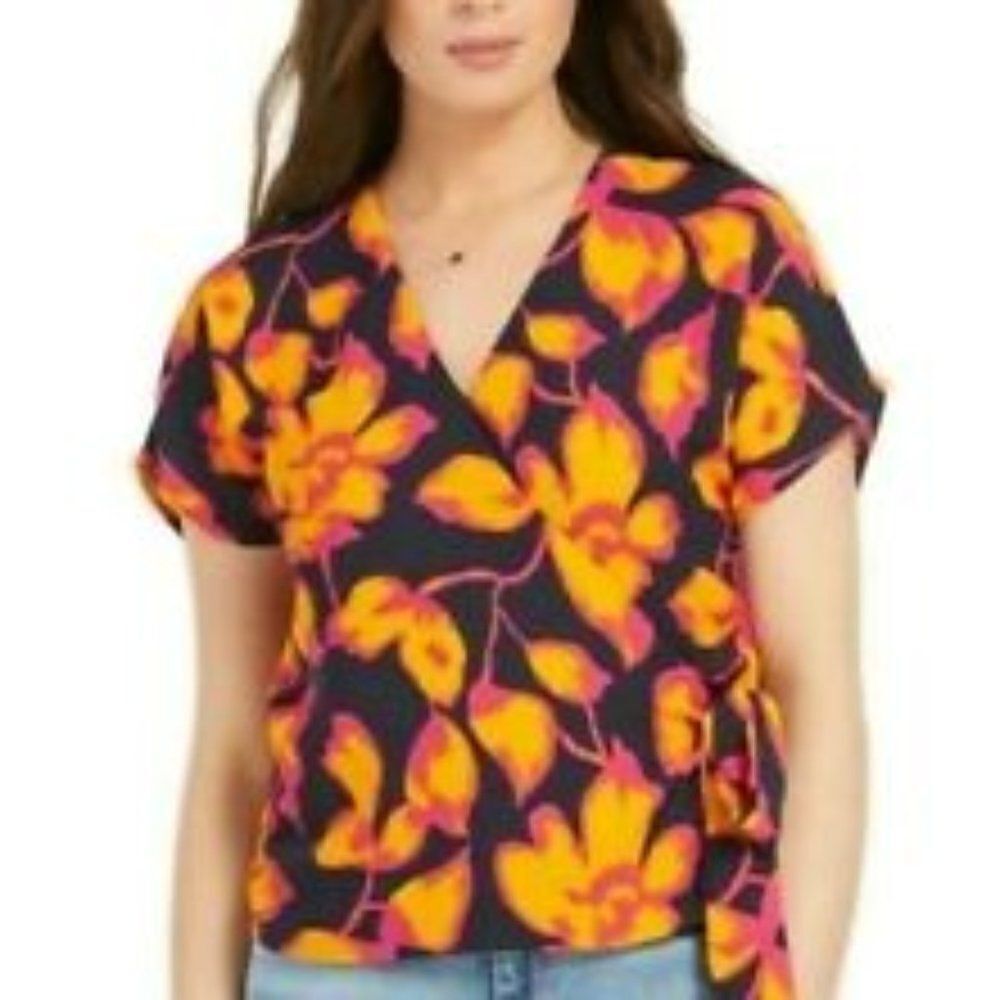 Allison Joy Floral Wrap Top Navy Orange Pink V-Neck Short Sleeve Blouse XS USA